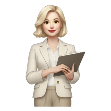 pale skin woman with ash blonde Straightened bob Hair, White Spacious classical jacket, beige palazzo Arrow pants and gray blouse holding a color palette in the hands sticker