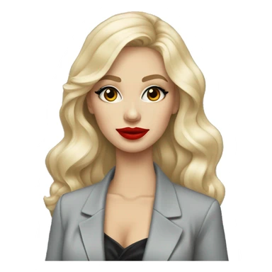Russian Blonde long hair with red lips small nose and black eyes Tiffany diamond seller in a grey suit sticker