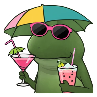 Bufo frog in a dancing pose, with colorful umbrella hat, oversized sunglasses, holding a pink cocktail with a straw, classic Bufo meme style, no background. sticker