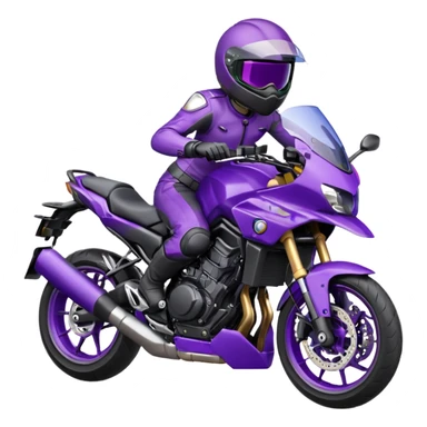 Créer un emoji avec une moto mt07 sport noir mate / violet iridescent très foncé, pare-brise de la moto violet. Avec une pilote dessus visière violet sombre visage caché . Avec fond arrière violet en arrière plan. sticker
