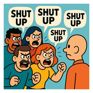 a group of cartoon people angrily yelling at a bald man, expressive faces, speech bubbles saying 'shut up', vibrant toon style, simple background sticker