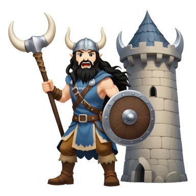 vikingo, con cuerno de vaca, pelo negro ondulado, de pie, grito de guerra en torre de Asgard. sticker