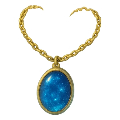 gold chain floating in midair with a deep blue starry stone, glowing faintly, shimmering like liquid gold, mystical aura sticker