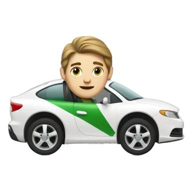 a white man with brown medium length hair and green eyes driving a white car sticker