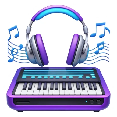 Create a sleek and modern emoji that represents sound design. The design should feature sound waves, a sound mixing console, and a pair of studio headphones to symbolize the process of creating and shaping sound. Add musical notes flowing like waves to represent the integration of music and sound design. Include elements like a synthesizer or audio effects buttons to highlight the creative tools used in sound design. Use futuristic colors like neon blue, purple, and silver to convey the cutting-edge, experimental nature of sound creation. The background should be transparent. sticker