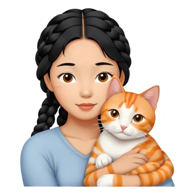 Young Asian woman with braided black hair cuddling a white and orange tabby cat, gentle embrace, affectionate pose sticker