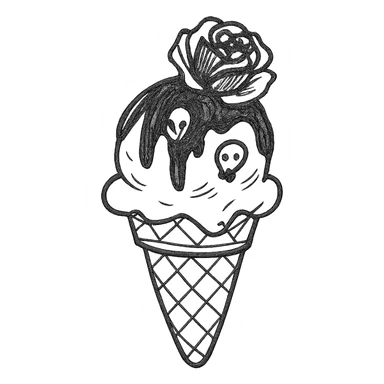 Gothic ice cream with black chocolate drizzle, tiny skull sprinkles, and a dark rose on top in a hand drawn style. sticker