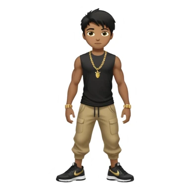 full side body view of muscular 13yo boy with veiny hands arms and biceps. has messy black hair with dark-tan skintone with black tshirt. has gold chain and nike shoes with baggy pants sticker