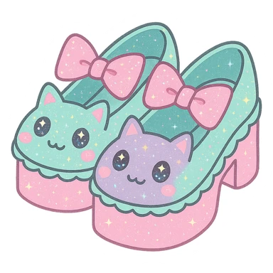 Refine the kawaii BLACKPINK-inspired gothic shoes with a large bow and scalloped edge, featuring pastel colors enhanced with sparkling glitter and subtle neon pink accents for a fun, eye-catching look. No hearts. Transparent background. sticker