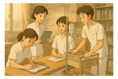 Four students (inspired by photos), collaborating in a care station, Ghibli style, white short-sleeve uniforms with V-neck, left chest pocket, no collar stand, no stethoscopes, no undershirts, various working postures. sticker