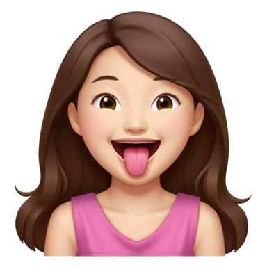 asian girl with long brown hair and fair skin wearing pink dress laughing while sticking tongue out sticker