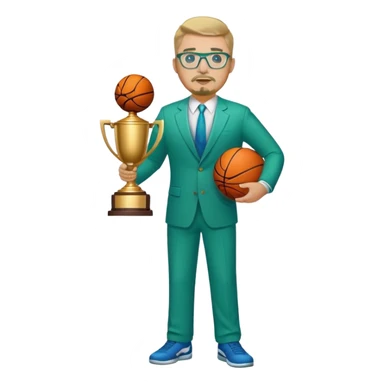 Full Body white fat male  wearing glasses with a goatee with dirty blond very short hair basketball head Coach in blue and green suit holding trophy sticker