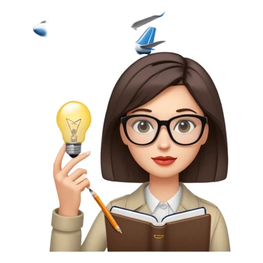 A woman with a sleek hairstyle, stylish glasses, holding a notebook, a lightbulb above her head, an airplane in the background. sticker