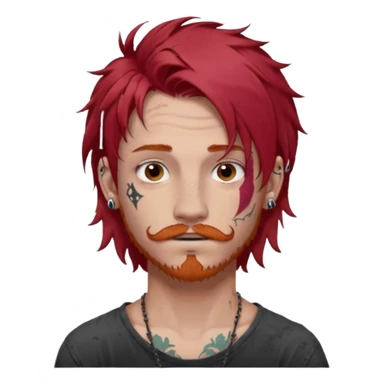 generate an ios genmoji of a 20 year old boy with shoulder length hair messy very messy dyed red hair. ear piercings. a lot of tattoos. and a faint stubble mustache sticker
