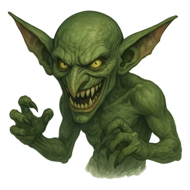 evil goblin, menacing expression, sharp teeth, fantasy creature sticker