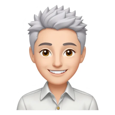 Close-up portrait of Marian Pabón with defined facial structure, light pinkish skin, almond eyes, arched eyebrows, charismatic wide smile, short spiky gray hair, wearing a formal white buttoned shirt sticker