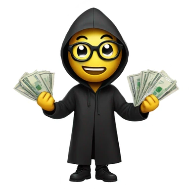 Smiley face in black glasses with money in his hands in a black raincoat sticker