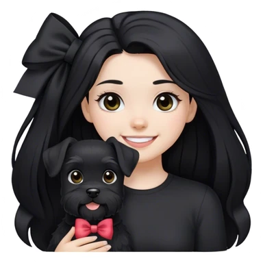 pale girl smiling with light eyes and long black hair wearing black shirt with bow and smiling black schnauzer  sticker
