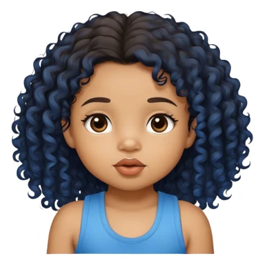 light brown skin tone, very adorable toddler, with big plump lips, long long lashes, black curly hair, middle hair parting, brown eyes, blue tank top sticker