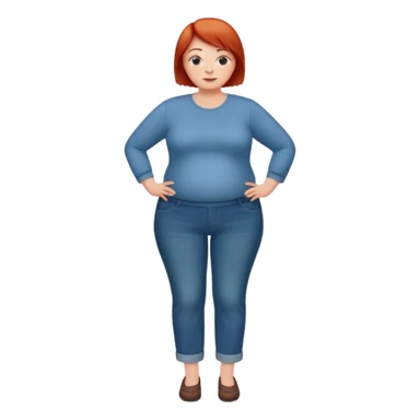 Lazy old Short woman with straight short red hair and fat tummy..wears business casual jeams and full sleeve  tshirt sticker