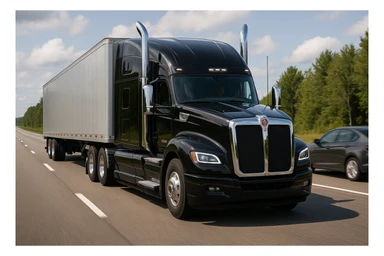 A realistic scene of a 2026 Kenworth W680 sleeper semi truck, black with chrome stacks, driving down the road with a car in front. The scene includes a visible road and background, capturing the truck and car in motion with detailed realism. sticker
