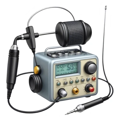 A photorealistic icon featuring a ham radio transceiver, headphones, microphone, antenna, radio equipment like soldering tools and cables, soldering iron in use. The design includes detailed textures and realistic lighting. Transparent background. sticker