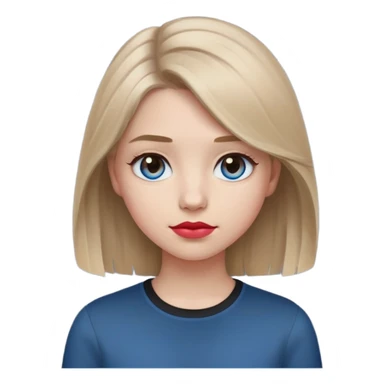 Emoji teenage girl, ash darker almost brown blonde hair, blue eyes, black shirt, hair a little longer than over shoulders, red pinkish lips, blue grey eyes sticker