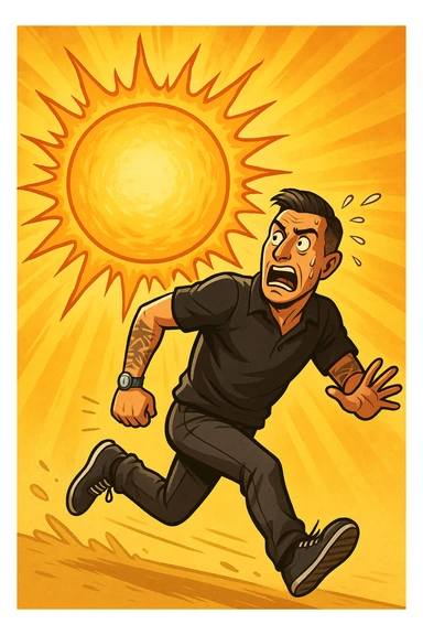 Uomo che corre via dal sole spaventato perchè pensa sia nocivo sticker