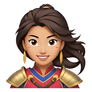 Cinematic Playful Mulan Portrait Emoji, Mid-laugh with a strand of hair falling over her face, adjusting her armor, eyes full of adventure, exuding an irresistible mix of beauty and fun, the perfect blend of warrior and princess! sticker