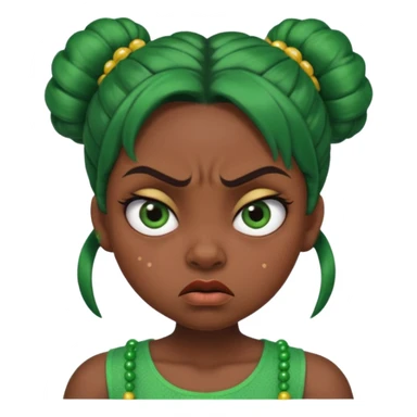 Create a 3D cartoon-style girl character with dark skin, round face, angry expression, big wide eyes, and tightly styled double buns made of green beaded hair. The girl should look irritated, eyebrows sharply angled, and lips pressed in a frown. sticker