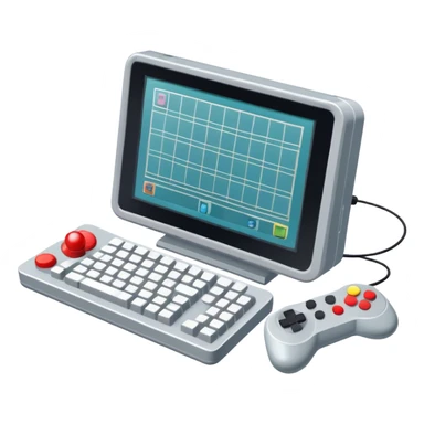 Emoji for Game Design: computer screen with Professional game development interface, 3D models, pixel art and design tools like grid, wireframe, gamepad, joystick, stylus. Symbolizes the technical and creative process of game development. Transparent background. sticker