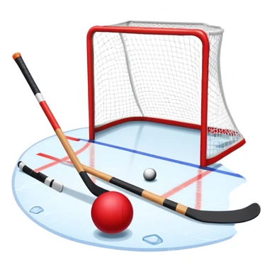 A red ball and hockey stick resting on an ice rink, with the goalposts and clear markings in the background. The scene captures the unique nature of field hockey with a ball on ice, emphasizing the speed and precision of the sport in a cold, competitive atmosphere. sticker