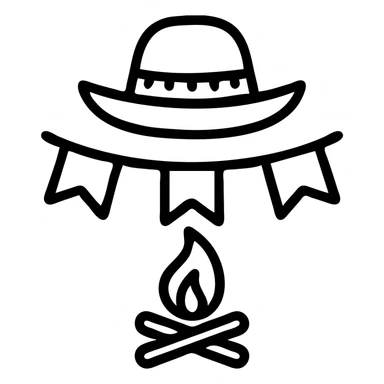 festa junina icon featuring a straw hat, bunting flags, and a bonfire, clean modern icon style sticker