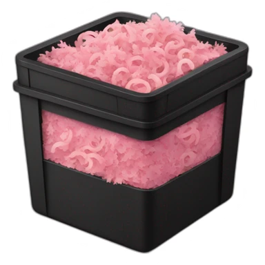 Black cubic plastic container with wood shavings and pink worms inside sticker