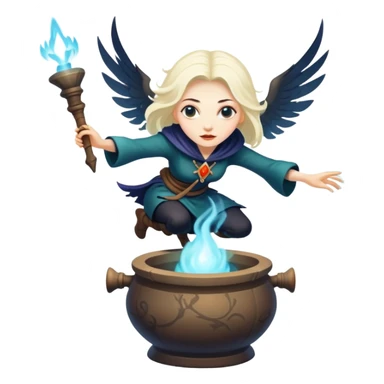 Baba Yaga sorceress woman flying in a mortar, magical aura sticker