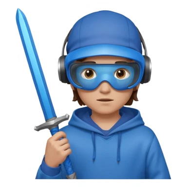 a boy with brown hair, a blue vr headset. a blue hoodie and a blue sword sticker