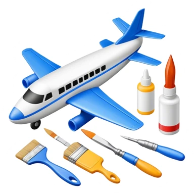 photorealistic icon featuring model-building tools like glue, paint, paintbrushes, pieces of a plastic model airplane in the process of being assembled. The design includes detailed textures of the model pieces and tools, capturing the focus and creativity of model building. Transparent background. sticker