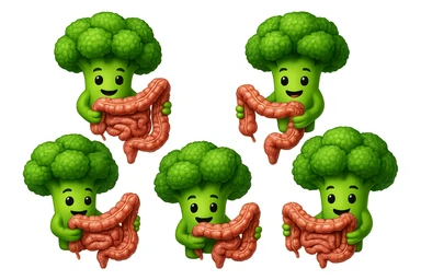 broccoletti stile emoji iphone fluttuano in aria stringendo in mano un pezzo di colon intestinale, iperrealistico 4k sticker