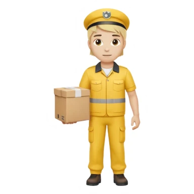 german delivery guy with yellow uniform and package with no hat sticker