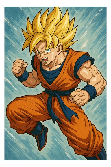 Son Goku, Super Saiyan form, golden spiky hair, blue eyes, orange gi, dynamic pose, anime style sticker