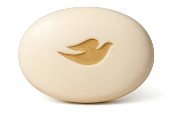 realistic oval Dove soap bar with golden dove logo, transparent background sticker