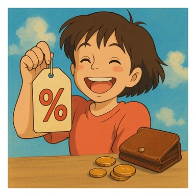 happy anime character holding a price tag with discount symbols, coins and wallet nearby, cheerful colors, Studio Ghibli style sticker