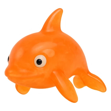 hyper-detailed retro 90's toy style bright orange semi-transparent soft plastic orca with derpy eyes soft reflections soft and squishy some cloudiness not shiny highly detailed appealing no tag no background sticker
