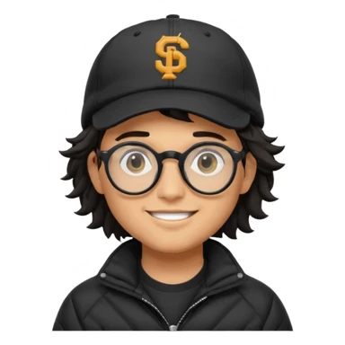 Young man wearing a black puffer jacket, black baseball cap with a small logo, round black glasses, wavy hair peeking out from under the cap, smiling sticker