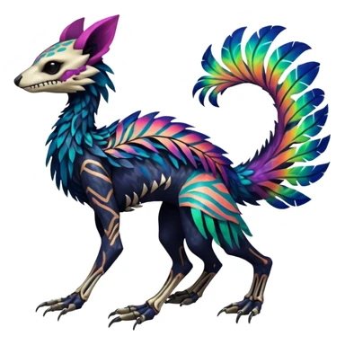 Rare colorful gradients colored realistic dark edgy glossy shiny tropical tribal patterned feathery skeletal badass epic pretty beautiful handsome gorgeous aesthetic colorful vibrant Vernid-Trico-species-Fakemon-creature by LiLaiRa, 4 legs, 1 tail, random markings, (full body) sticker