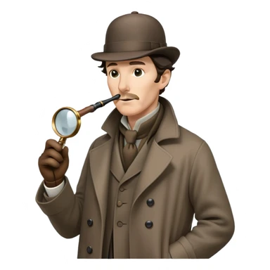 Sherlock Holmes emoji: a detective with a magnifying glass, wearing a deerstalker hat and a long coat, with a pipe in hand, standing in a foggy London street, detailed and expressive, simple yet iconic. sticker