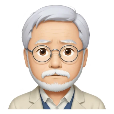 Cinematic Realistic Hayao Miyazaki Portrait Emoji, depicted as a visionary filmmaker with a gentle imaginative expression and artistic flair, rendered with delicate textures and soft enchanting lighting that captures his legendary storytelling. sticker