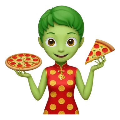alien, wearing cheongsam, with pizza sticker