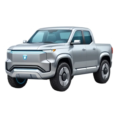 A futuristic electric pickup truck emoji, silver chrome body, angular cyber design, smooth metallic panels, subtle reflections, minimalistic proportions, iOS emoji style, centered composition, clean white background, soft lighting sticker