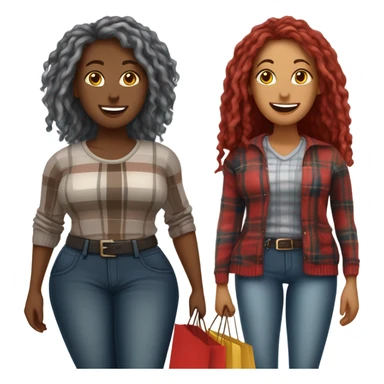 A very Curvy woman with gray locs in pants with shopping bag.  The other very curvy woman is brown with red locs in a skirt with plaid sweater shopping at yardsale sticker